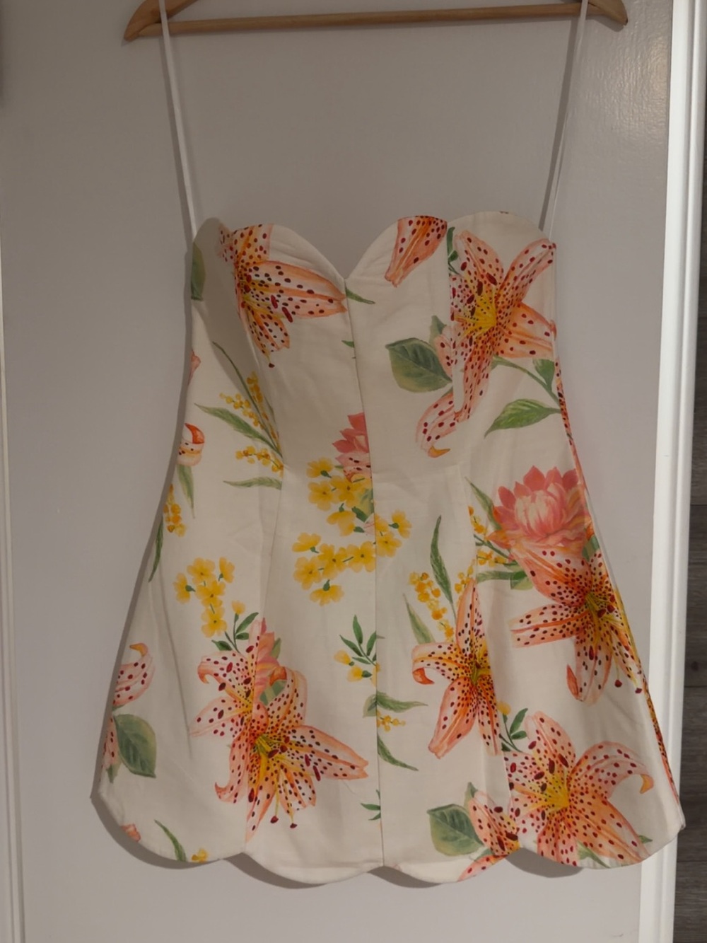 Hello Molly Strapless Floral Mini Dress in Cream, Peach & Yellow